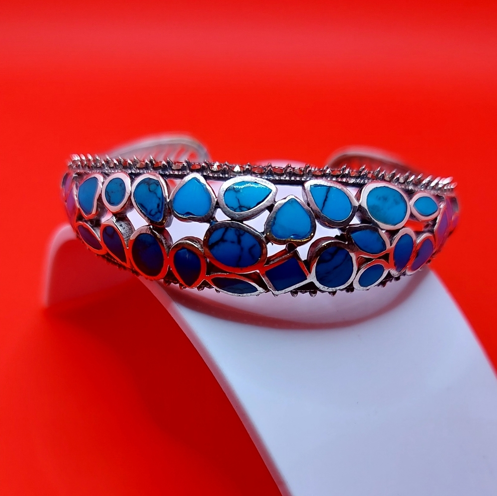 Natural Stabilized‎ Blue Turquoise 7x5mm & Marcasite 925 Sterling Silver Bangle - Picture 8 of 10
